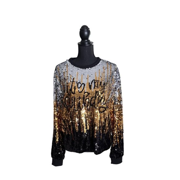 Why Dress Women's "Its My Birthday" Gold/Silver Ombre Sweater Size S - Picture 1 of 11